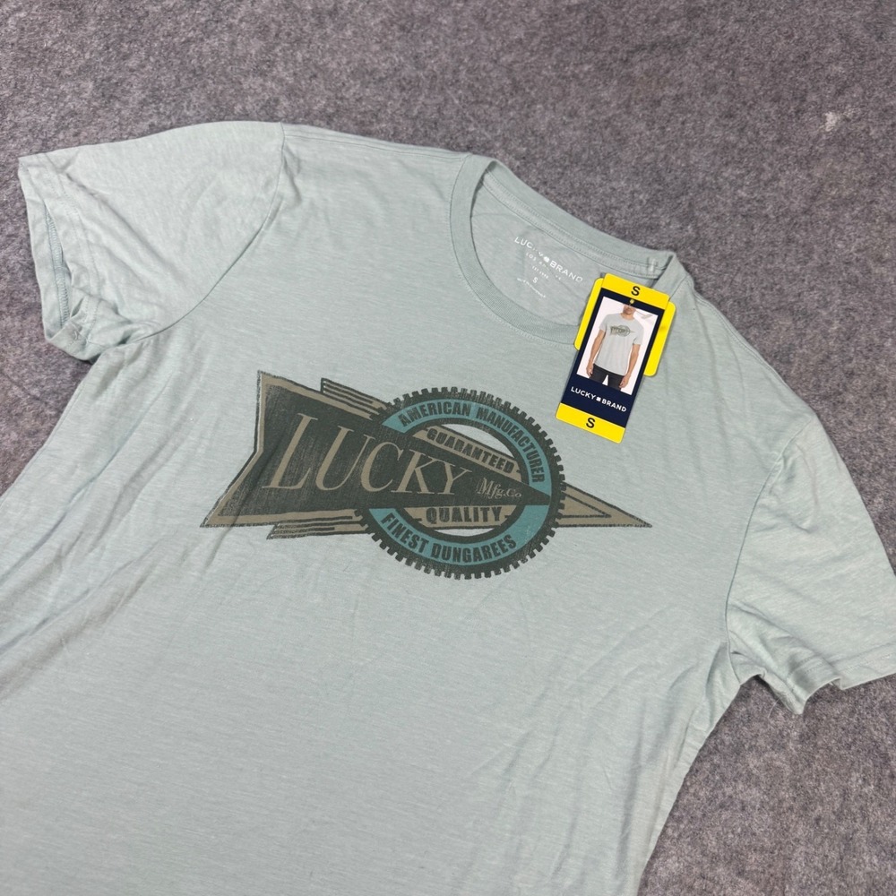Lucky Brand Mens Graphic Tee Light Green American Manufacturer Pennant Small NWT